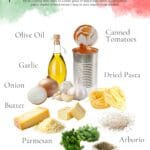 Italian pantry staples guide showing olive oil, canned tomatoes, dried pasta, garlic, onion, butter, Parmesan cheese, arborio rice, fresh herbs, and dried herbs