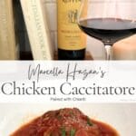 Chicken cacciatore in tomato sauce served with Chianti wine and Marcella Hazan cookbook in the background