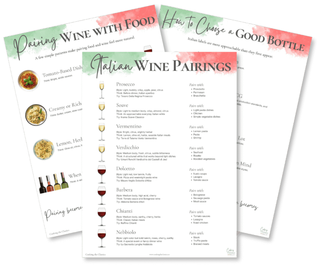 Italian Wine Pairing Guide preview showing three pages: wine styles and pairings, how to pair wine with food, and how to read Italian wine labels