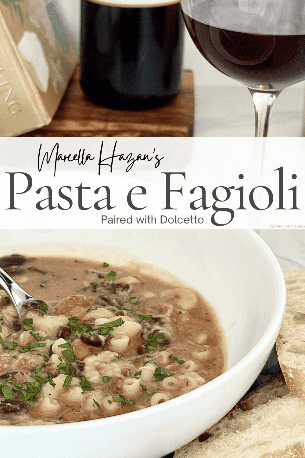 Pasta e fagioli soup with beans and pasta in a bowl paired with red wine, styled with bread and a wine glass