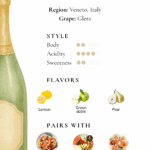 Prosecco Italian wine guide chart showing region Veneto, grape Glera, style body acidity sweetness chart, flavors lemon green apple and pear, and food pairings seafood antipasto and bruschetta.