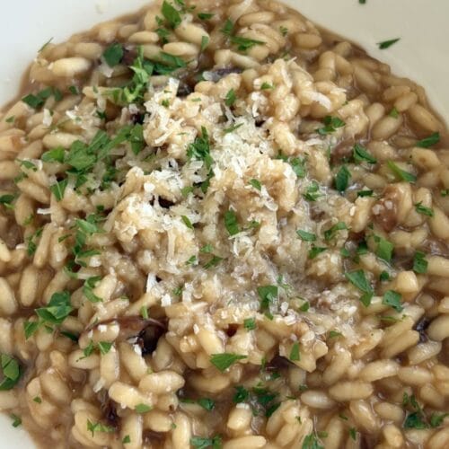 Creamy risotto with porcini mushrooms topped with grated Parmesan and chopped parsley in a white bowl.