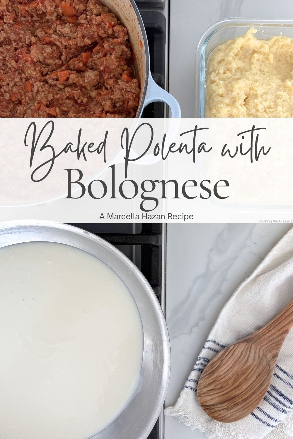 Ingredient flat lay for baked polenta with Bolognese featuring leftover polenta, Bolognese sauce, béchamel, and an olive wood spoon on a marble countertop.