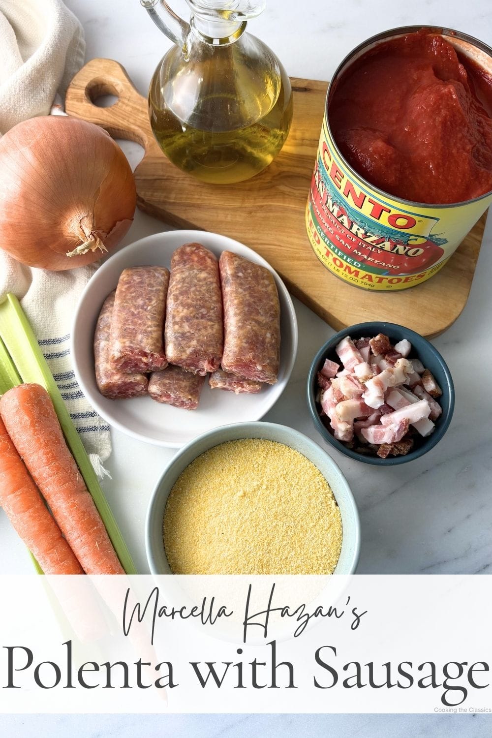 Ingredients for polenta with sausages including sausage, pancetta, tomatoes, onion, carrot, celery, olive oil, and cornmeal