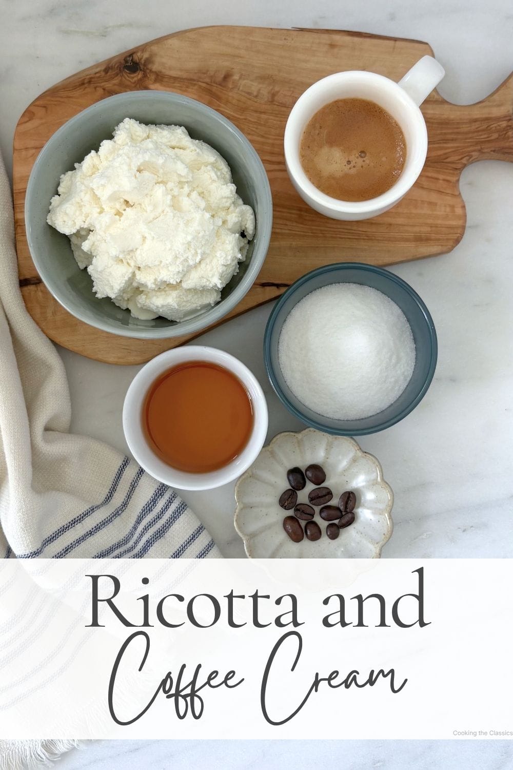 Ingredient flat lay with ricotta, espresso, dark rum, sugar, and coffee beans for Marcella Hazan’s ricotta and coffee cream dessert.