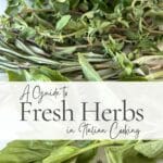 Pinterest graphic titled "A Guide to Fresh Herbs in Italian Cooking" featuring fresh basil, thyme, rosemary, oregano, sage, and parsley arranged on a white background.