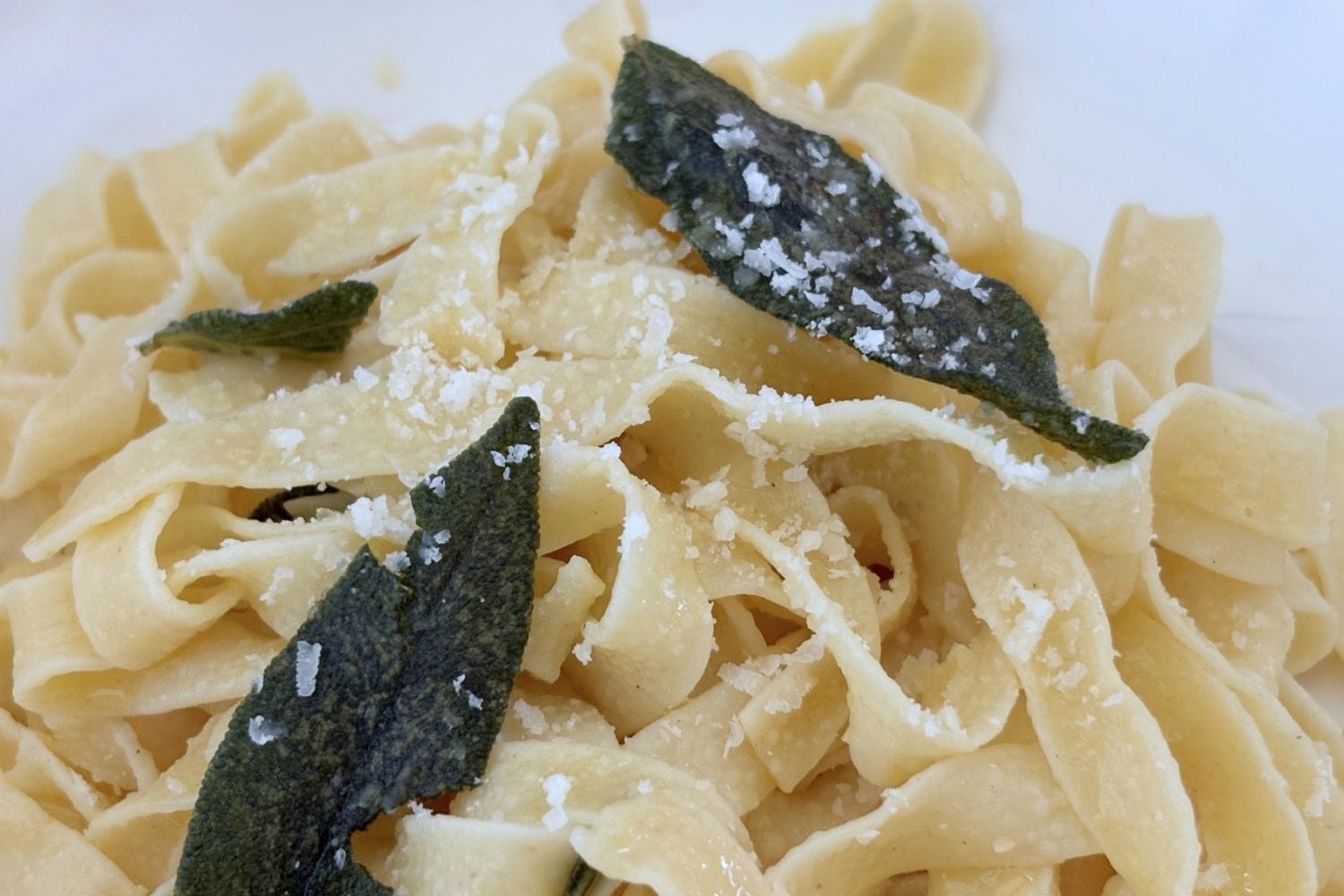 Close-up of fettuccine tossed with butter and topped with crisp fried sage leaves and grated Parmigiano-Reggiano.