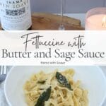 Pinterest graphic featuring fettuccine with butter and sage sauce paired with Soave wine beside a lit candle.