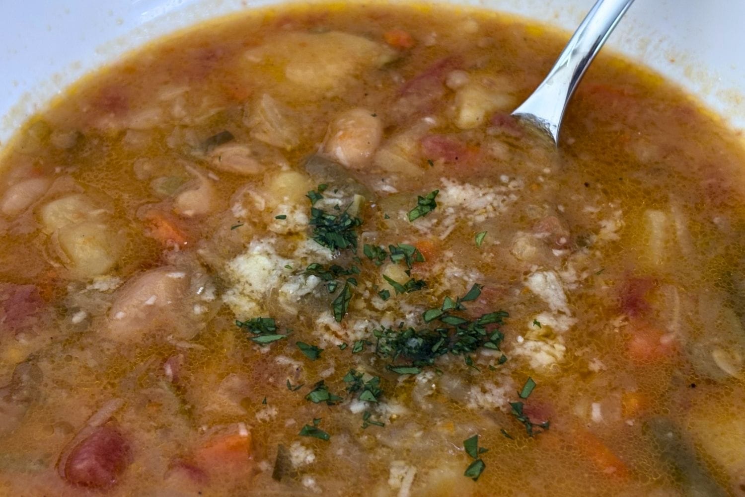 Close-up of Minestrone alla Romagnola showing white beans, vegetables, grated cheese, and parsley in a rich vegetable broth.