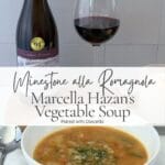 Bowl of Minestrone alla Romagnola served with a glass of Dolcetto and a bottle of Dolcetto d'Alba on a wooden board.