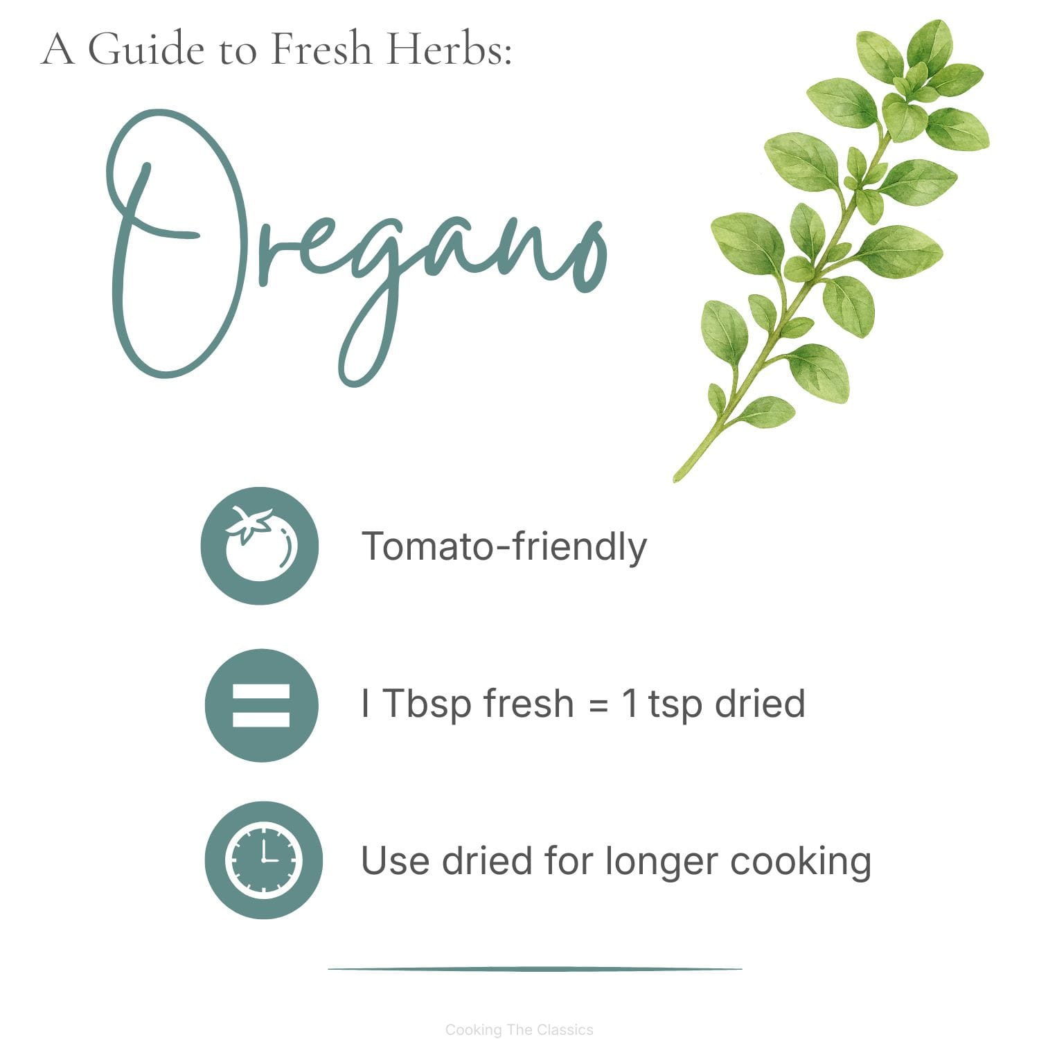 Watercolor illustration of oregano with the title "A Guide to Fresh Herbs: Oregano." Tips include: oregano is tomato-friendly, substitute 1 teaspoon dried for 1 tablespoon fresh, and use dried oregano for longer cooking.