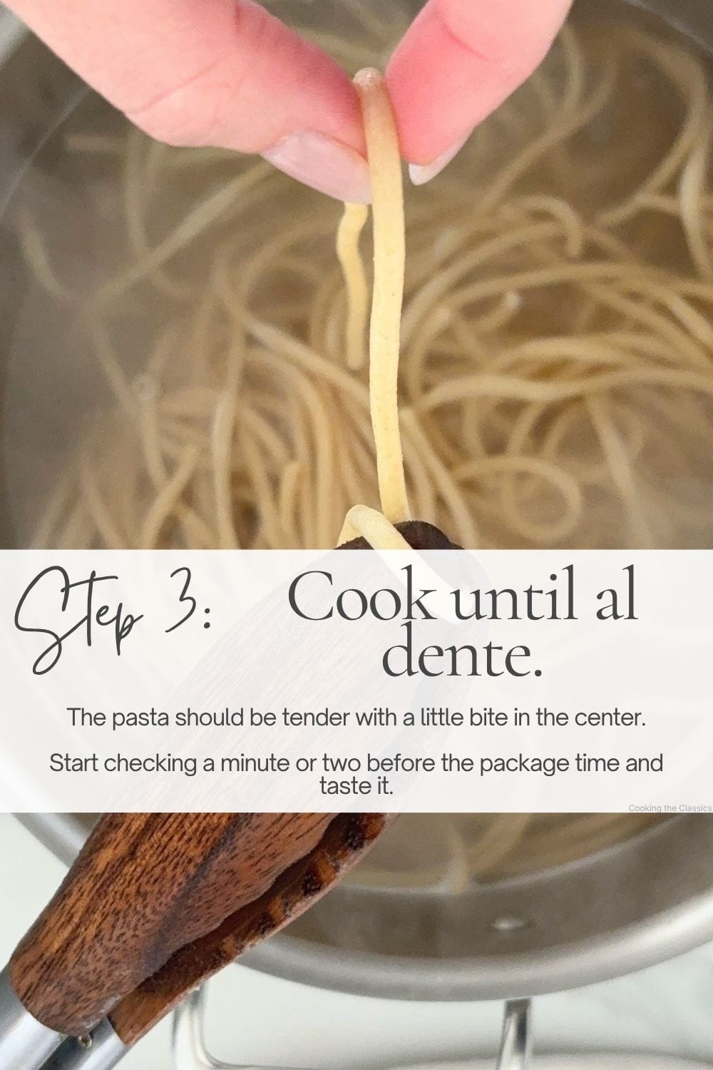 Piece of spaghetti held above a pot of boiling pasta to demonstrate checking for al dente texture.