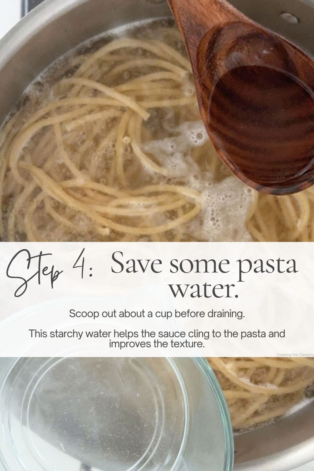 Ladle scooping starchy pasta water from a pot into a glass container before draining.