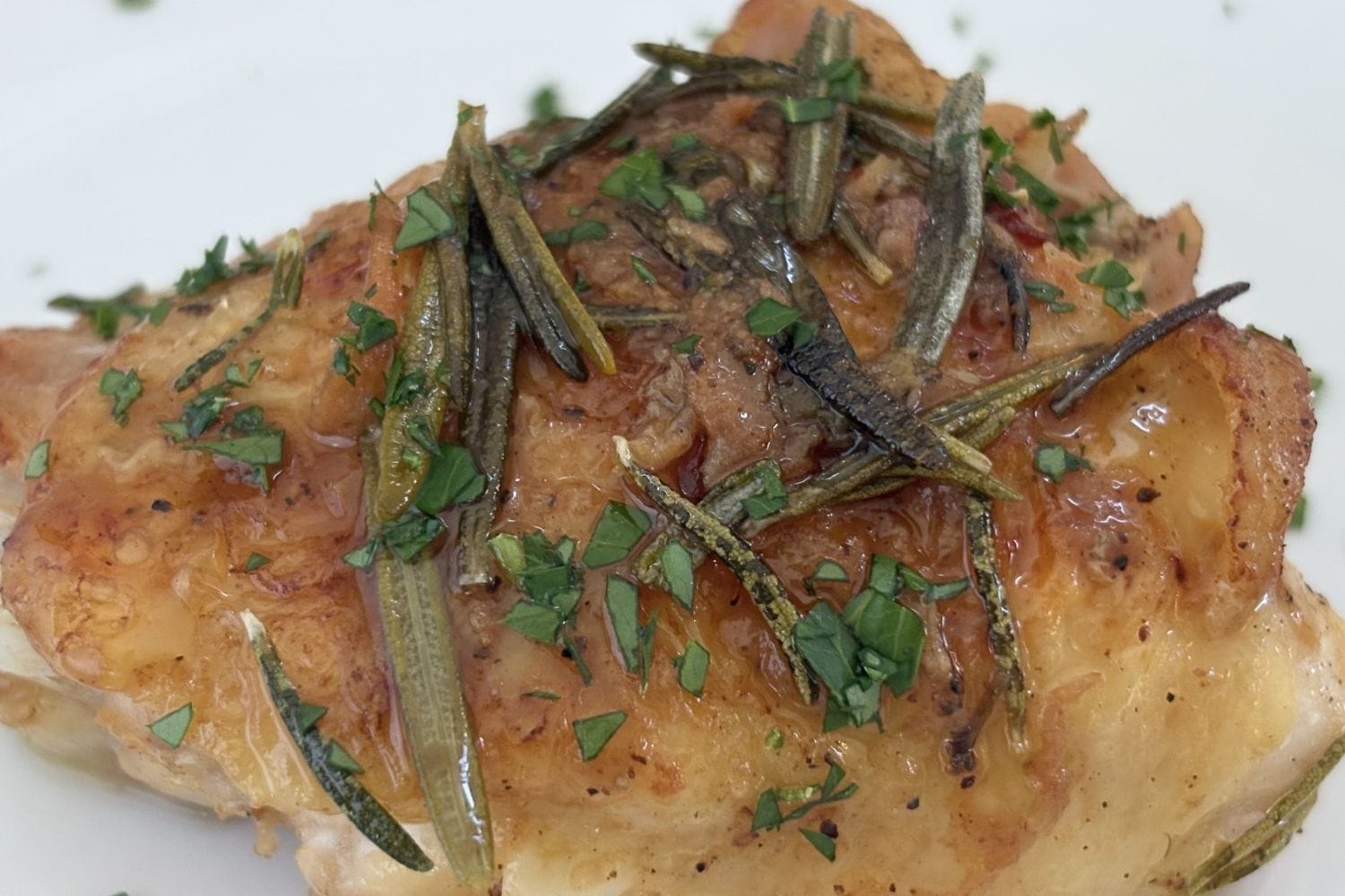 Close-up of a bone-in, skin-on chicken thigh simmered with white wine, garlic, and fresh rosemary, finished with pan juices and chopped parsley.