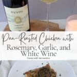 Pinterest graphic featuring Marcella Hazan's pan-roasted chicken with rosemary, garlic, and white wine paired with Vermentino, shown with a plated chicken thigh and glass of wine.