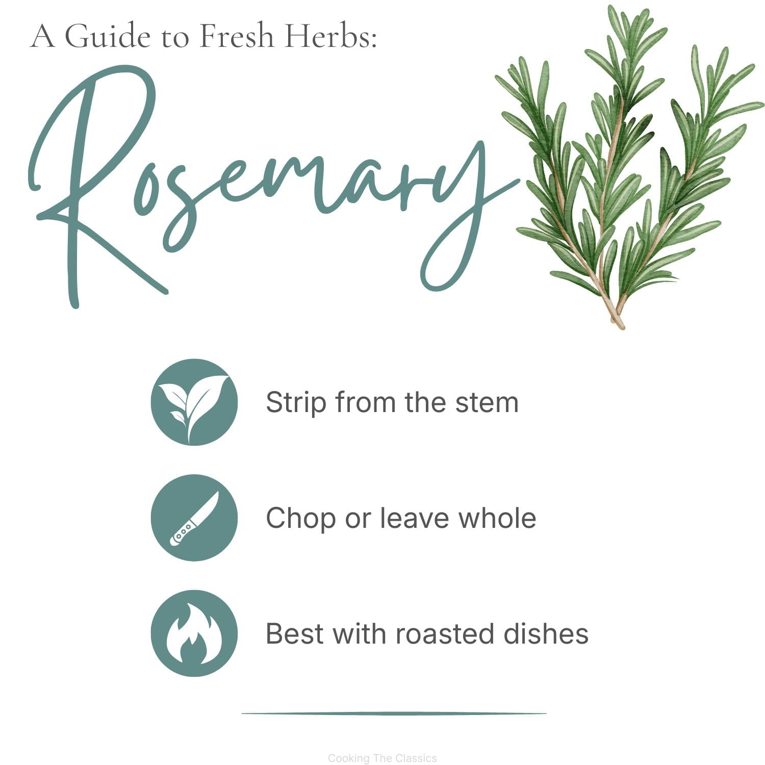Watercolor illustration of rosemary with the title "A Guide to Fresh Herbs: Rosemary." Tips include: strip the needles from the stem, chop or leave whole depending on preference, and pair rosemary with roasted dishes.