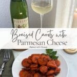 Braised carrots with Parmesan cheese served alongside a bottle and glass of Soave, with text reading “Braised Carrots with Parmesan Cheese, Paired with Soave.”