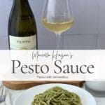Pesto spaghetti served with a bottle and glass of Vermentino wine featuring text that reads "Marcella Hazan's Pesto Sauce Paired with Vermentino."