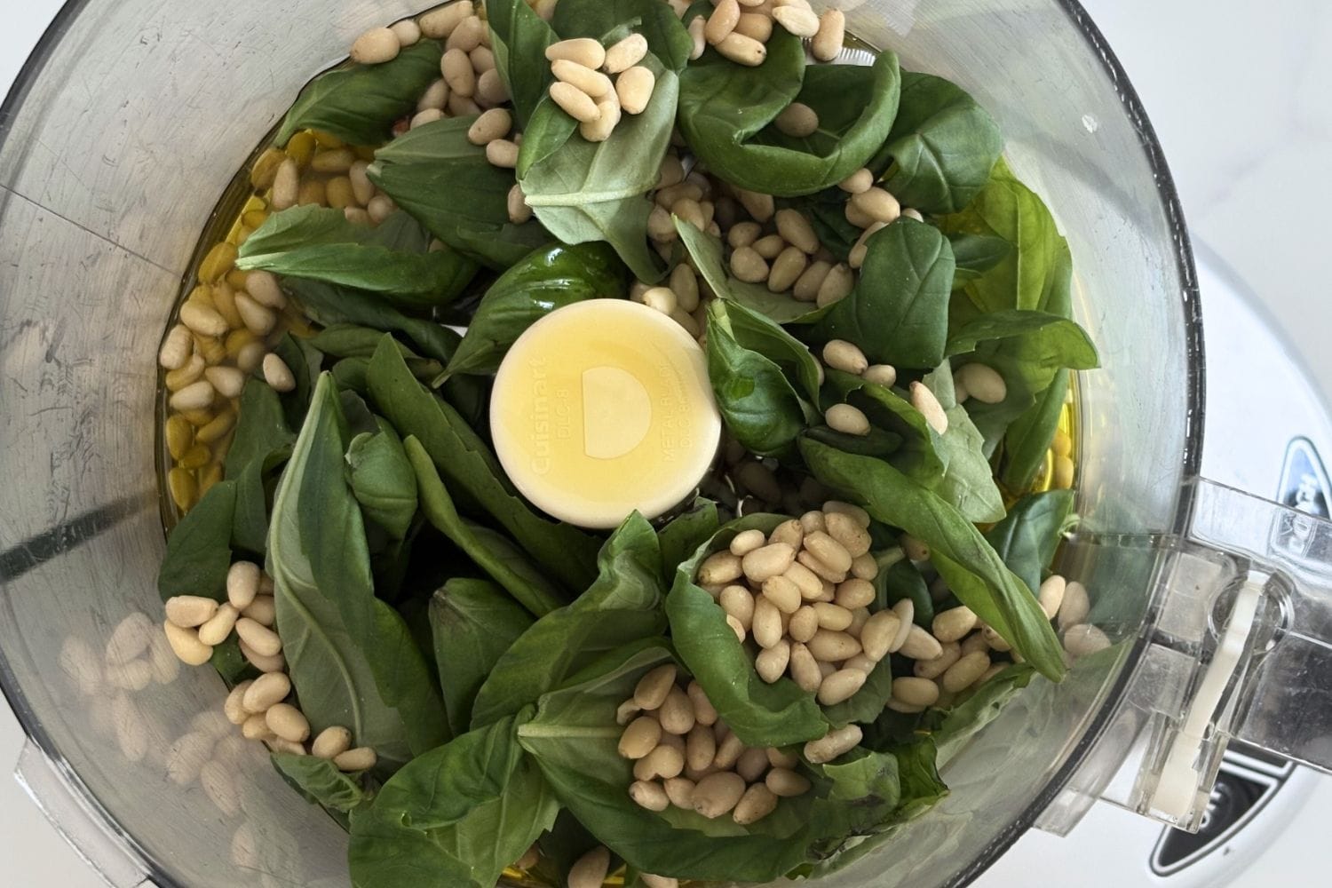 Fresh basil leaves, pine nuts, olive oil, and garlic in a food processor before blending into homemade pesto sauce.
