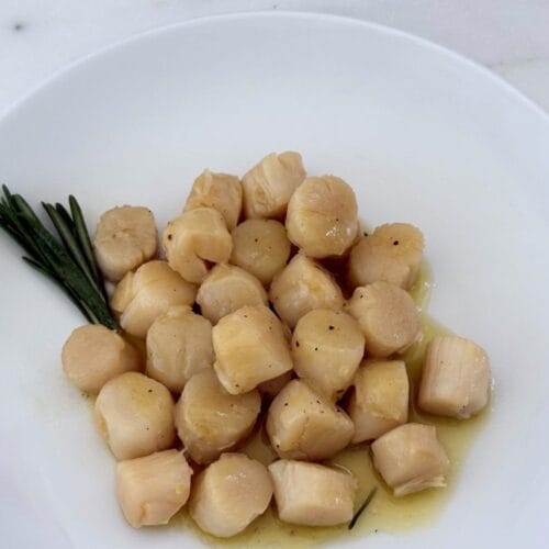 Sautéed scallops with rosemary and lemon served in a white bowl with olive oil sauce and fresh rosemary.