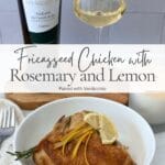 Bowl of fricasseed chicken with rosemary and lemon served with Verdicchio wine and lemon garnish.