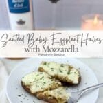 Sautéed baby eggplant halves with breadcrumbs and melted mozzarella, served with a glass and bottle of Barbera.