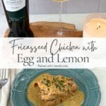 Fricasseed chicken with egg and lemon served with a glass and bottle of Verdicchio.