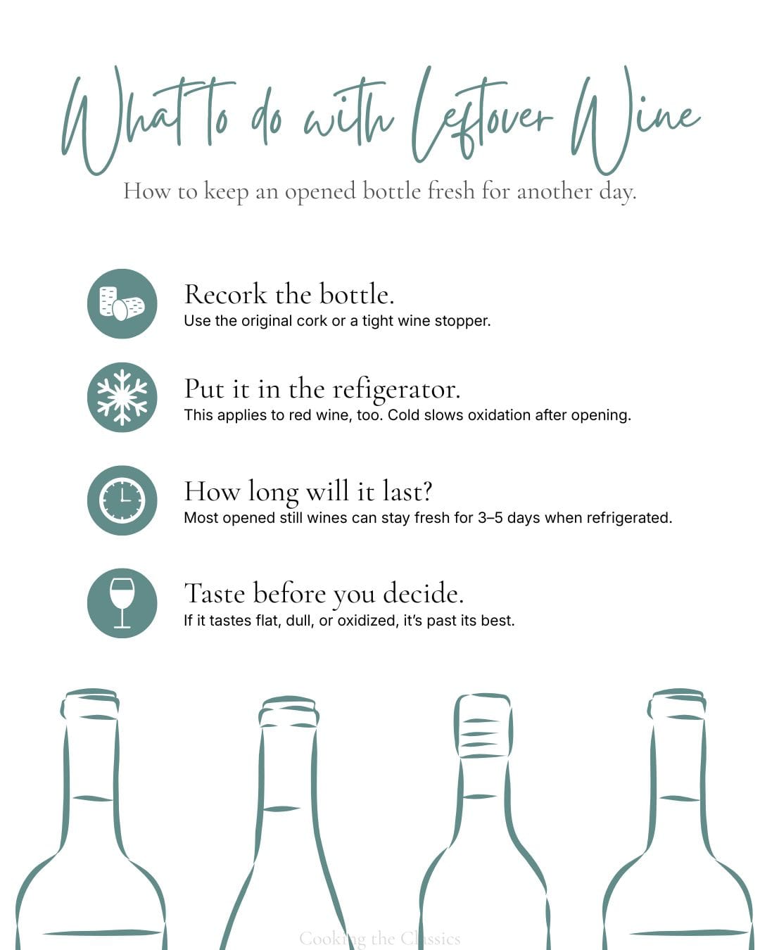 Guide to storing leftover wine with tips for recorking, refrigerating, how long opened wine stays fresh, and when to discard it.