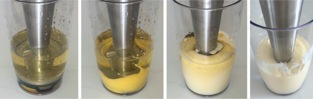 Four-step process showing mayonnaise emulsifying and thickening with an immersion blender.